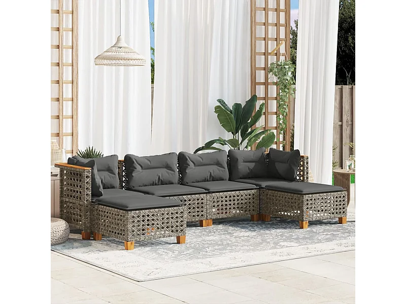 6-tlg. Garten-Sofagarnitur mit Kissen Grau Poly Rattan