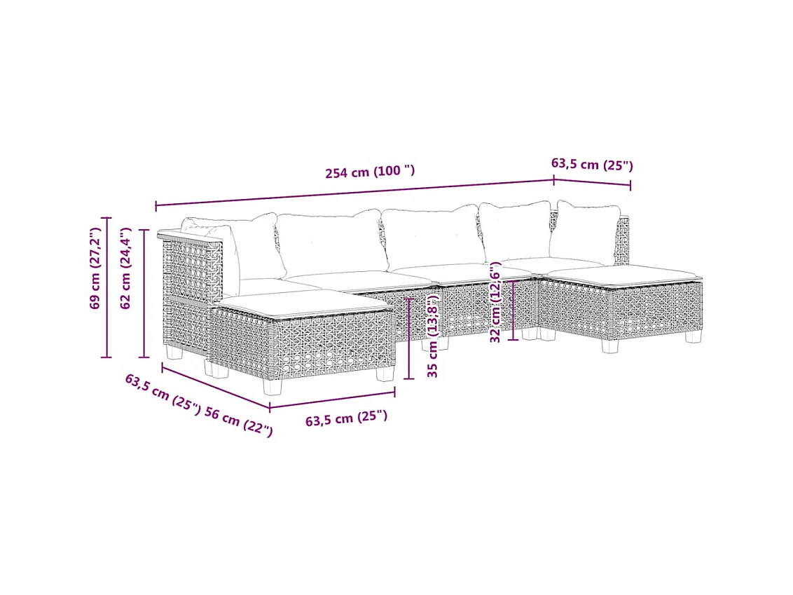 Salon de jardin 6 pcs avec coussins gris résine tressée