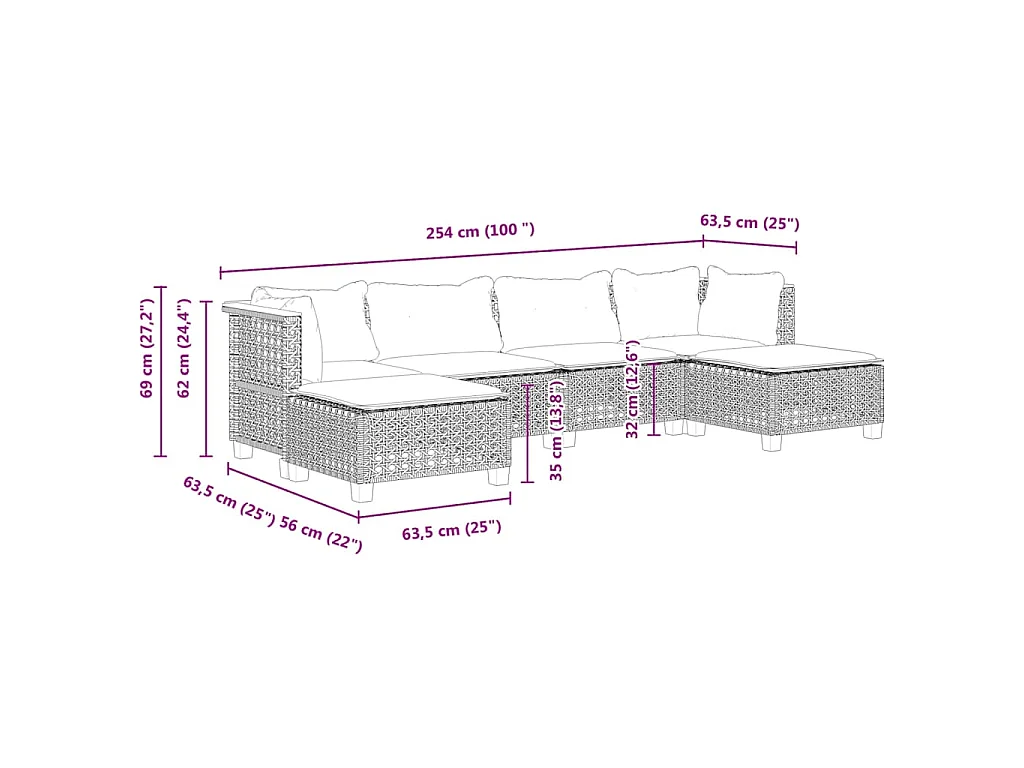 Salon de jardin 6 pcs avec coussins gris résine tressée