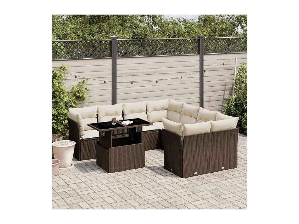 Salon de jardin avec coussins 9 pcs marron résine tressée