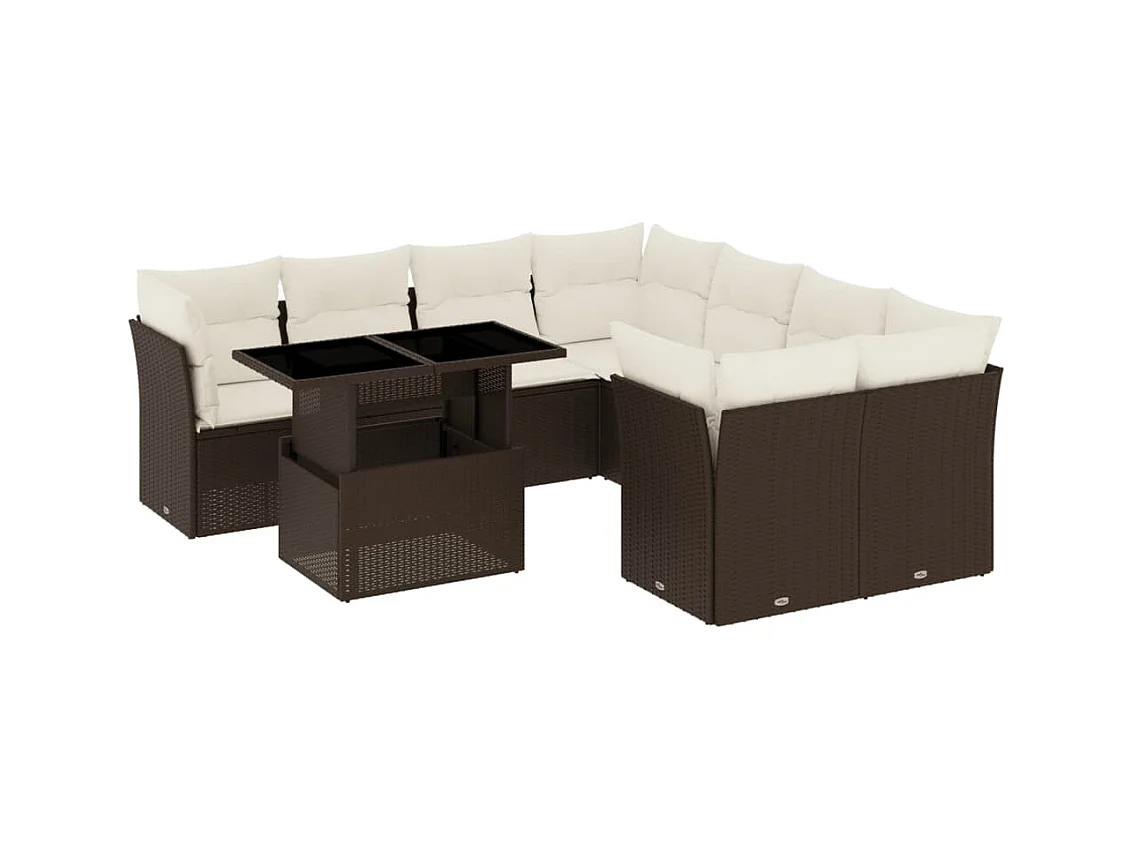 Salon de jardin avec coussins 9 pcs marron résine tressée