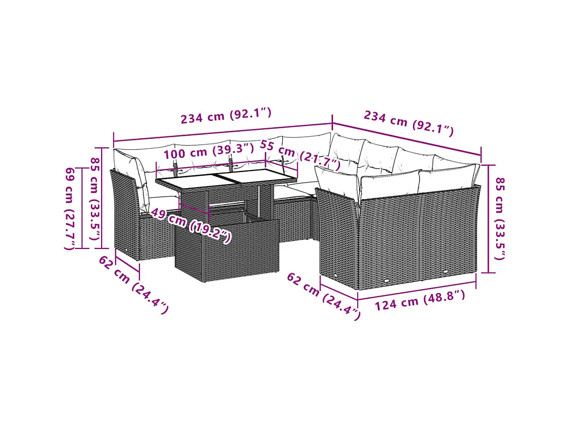 Salon de jardin avec coussins 9 pcs marron résine tressée