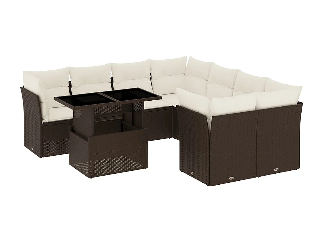 Salon de jardin avec coussins 9 pcs marron résine tressée