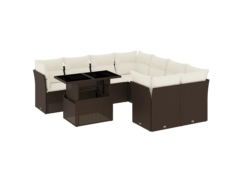 9-tlg. Garten-Sofagarnitur mit Kissen Braun Poly Rattan