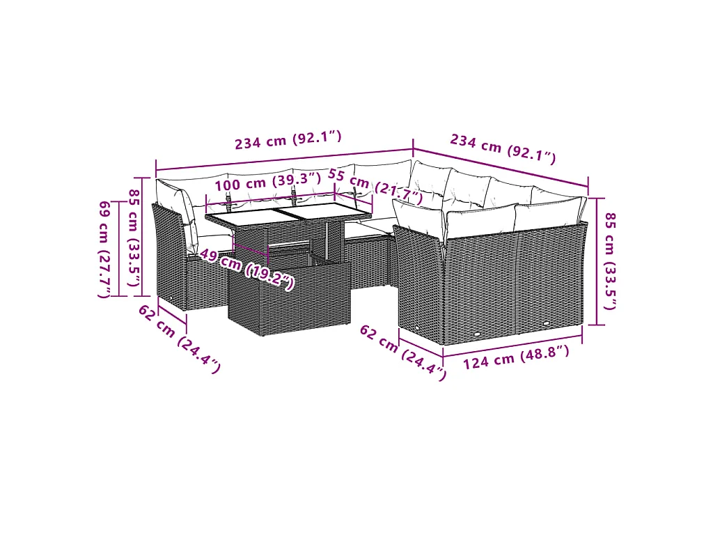 9-tlg. Garten-Sofagarnitur mit Kissen Braun Poly Rattan