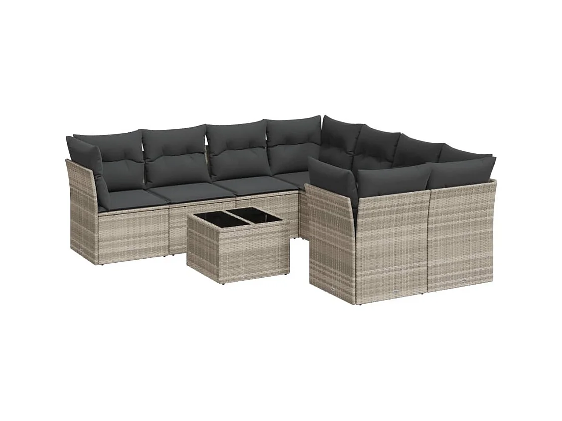 9-delige Loungeset met kussens poly rattan lichtgrijs
