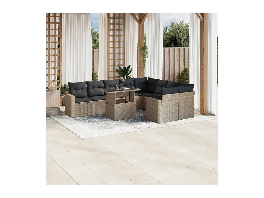 Salon de jardin avec coussins 10 pcs gris clair résine tressée