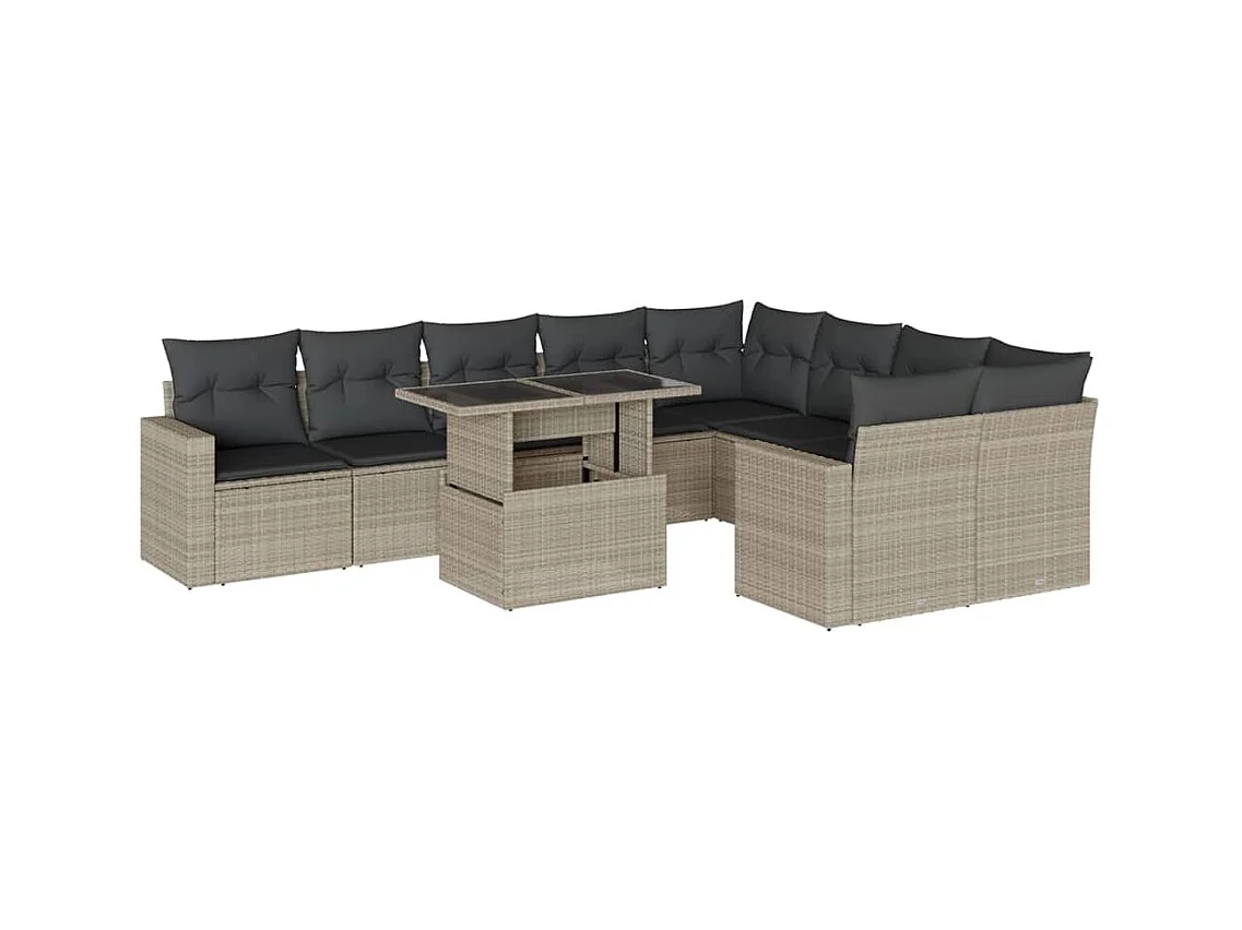 Salon de jardin avec coussins 10 pcs gris clair résine tressée