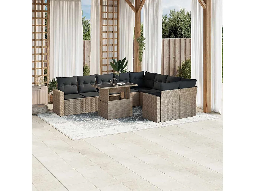 Salon de jardin avec coussins 10 pcs gris clair résine tressée