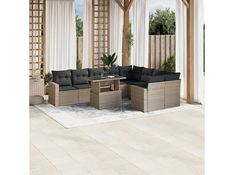 10-tlg. Garten-Sofagarnitur mit Kissen Hellgrau Poly Rattan