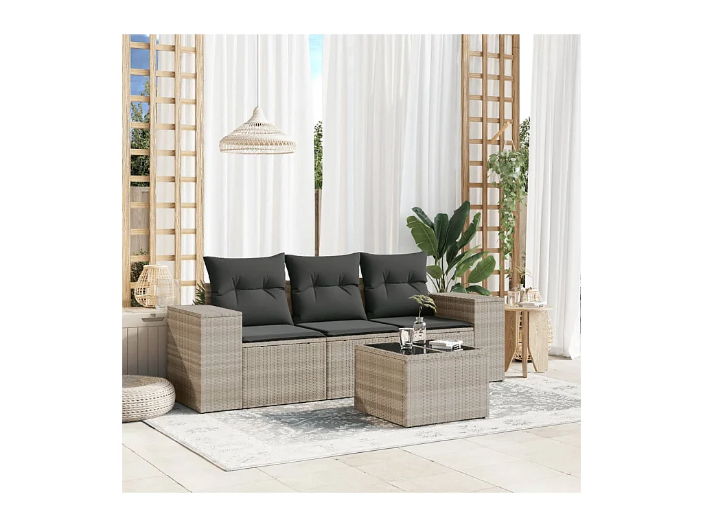 Salon de jardin 4 pcs avec coussins gris clair résine tressée