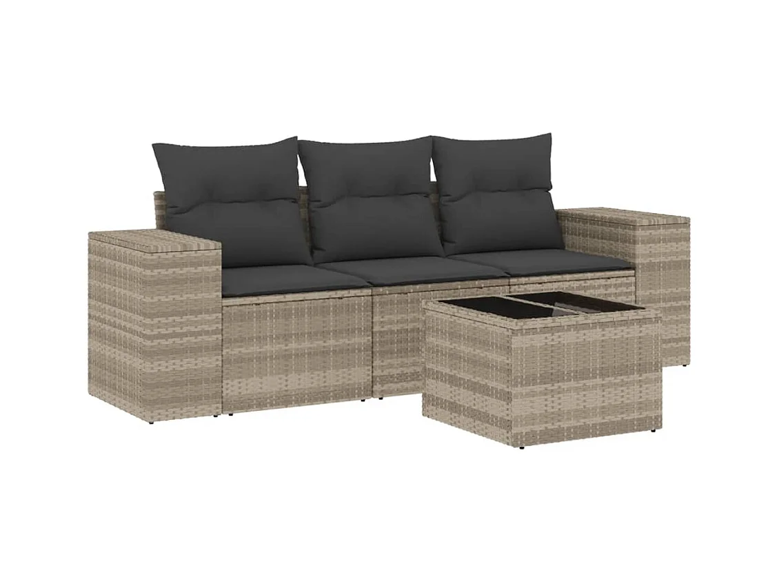 Salon de jardin 4 pcs avec coussins gris clair résine tressée