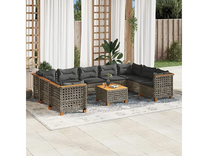 10-tlg. Garten-Sofagarnitur mit Kissen Grau Poly Rattan