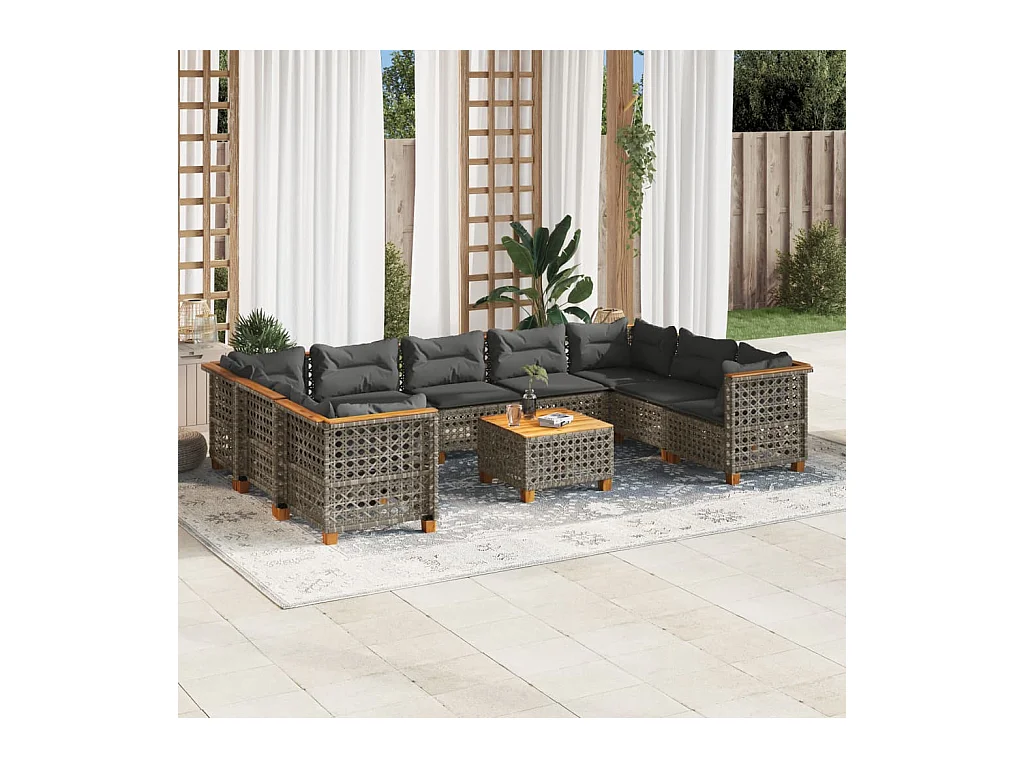 Salon de jardin avec coussins 10 pcs gris résine tressée