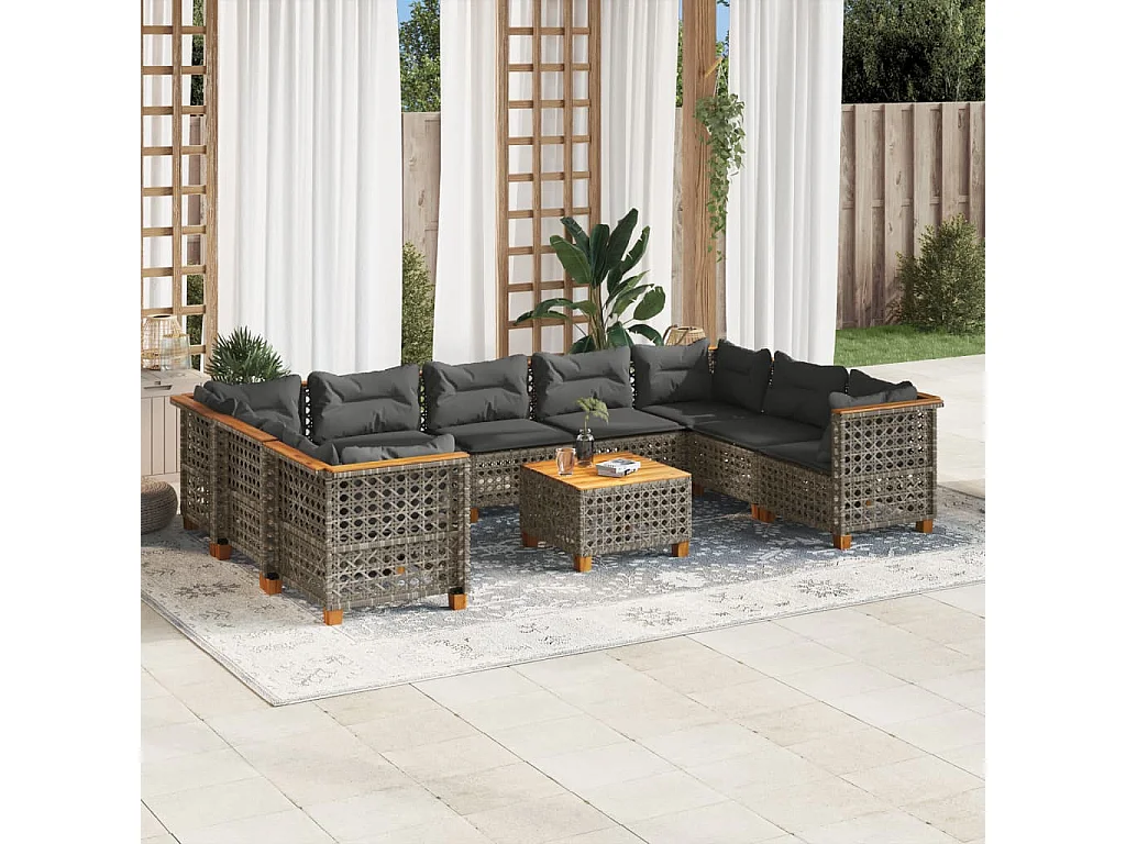 10-tlg. Garten-Sofagarnitur mit Kissen Grau Poly Rattan