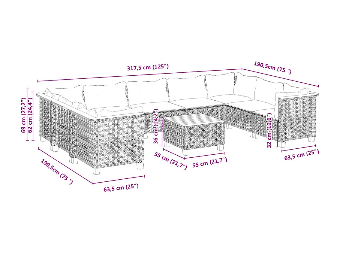 10-tlg. Garten-Sofagarnitur mit Kissen Grau Poly Rattan