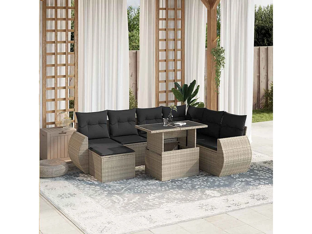 Salon de jardin 8 pcs avec coussins gris clair résine tressée