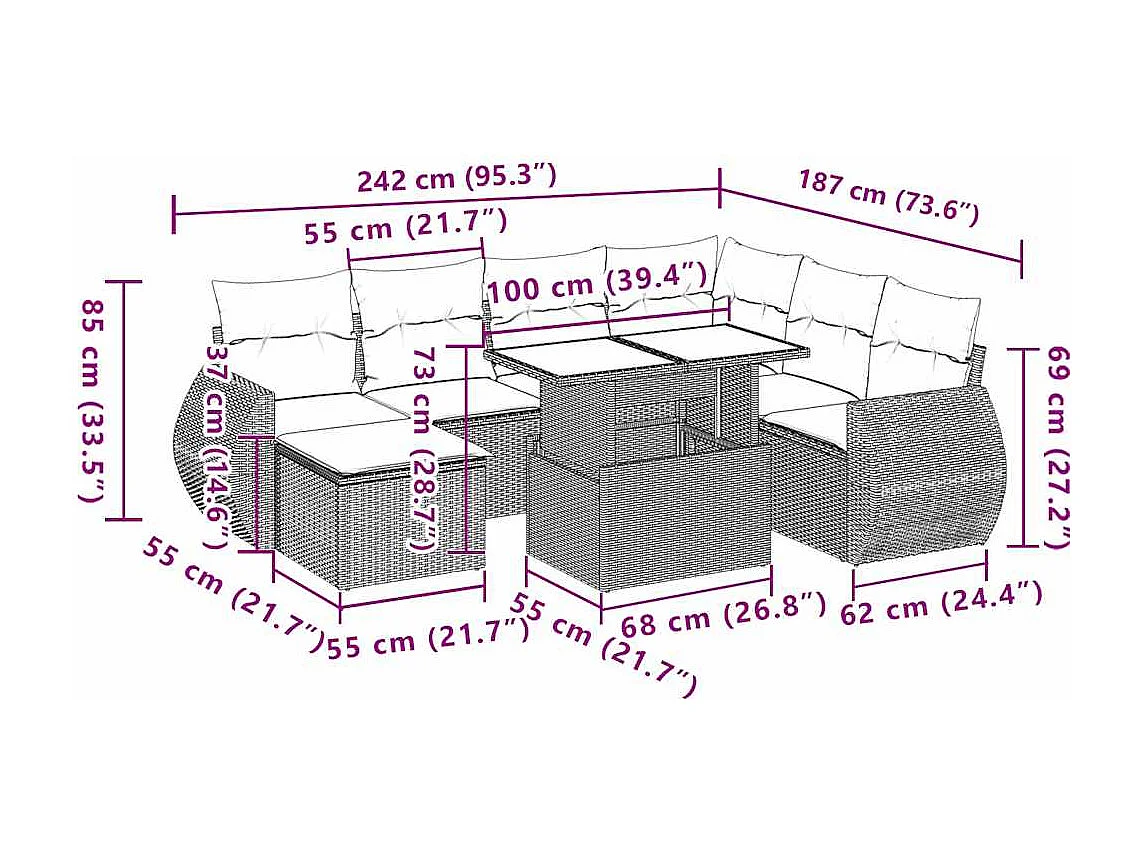 Salon de jardin 8 pcs avec coussins gris clair résine tressée