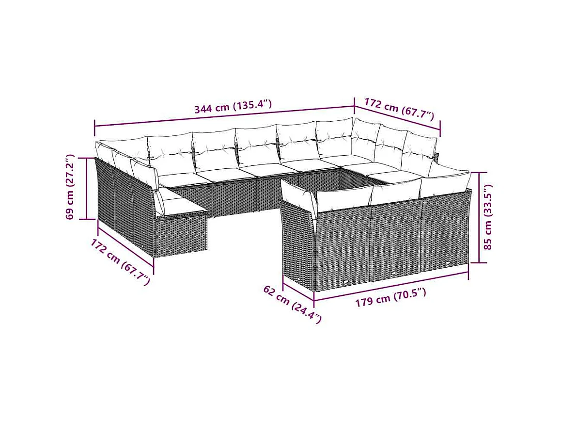 Salon de jardin avec coussins 13 pcs gris clair résine tressée