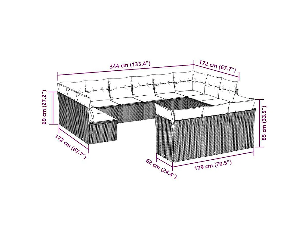 13-delige Loungeset met kussens poly rattan lichtgrijs