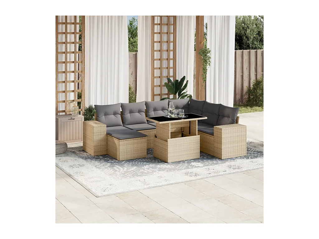 Salon de jardin avec coussins 8 pcs beige résine tressée
