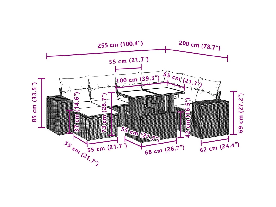 Salon de jardin avec coussins 8 pcs beige résine tressée