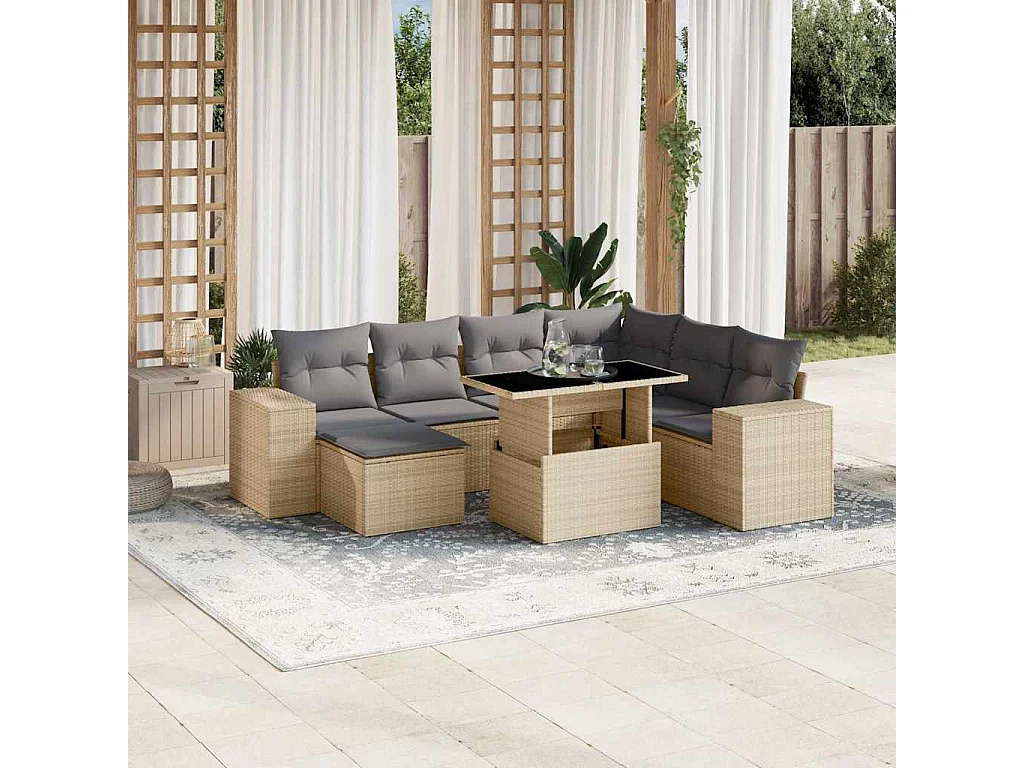 8 pcs conjunto de sofás p/ jardim com almofadões vime PE bege