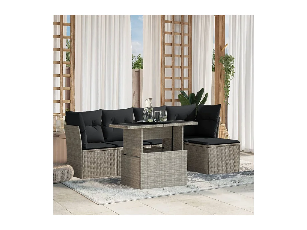 Salon de jardin 6 pcs avec coussins gris clair résine tressée