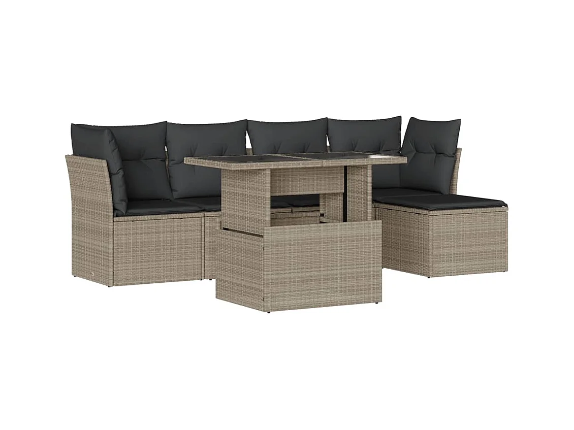 Salon de jardin 6 pcs avec coussins gris clair résine tressée