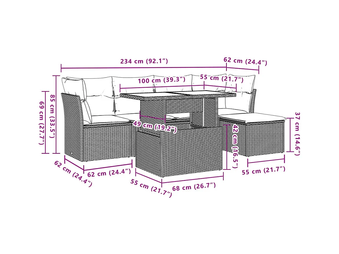Salon de jardin 6 pcs avec coussins gris clair résine tressée