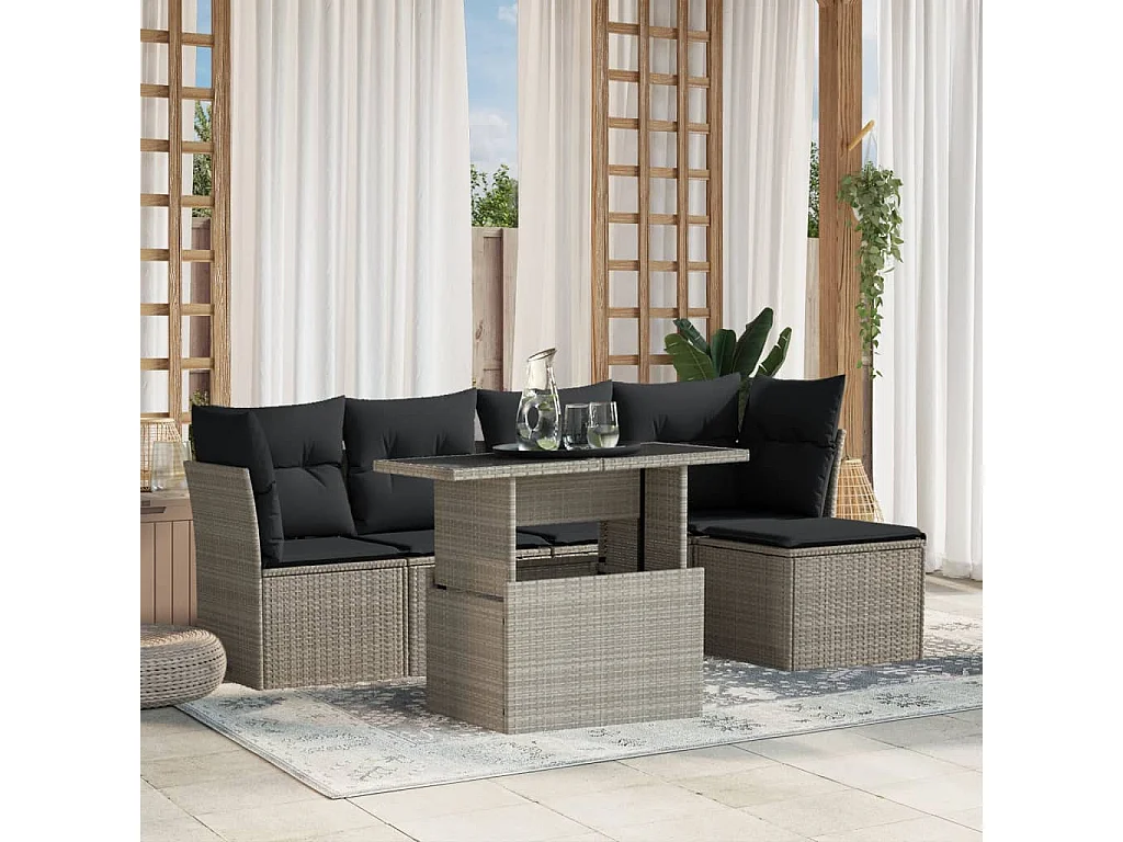 6-delige Loungeset met kussens poly rattan lichtgrijs