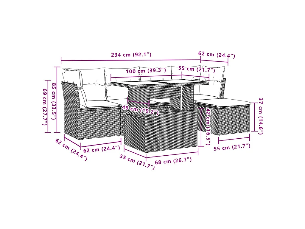 6-delige Loungeset met kussens poly rattan lichtgrijs