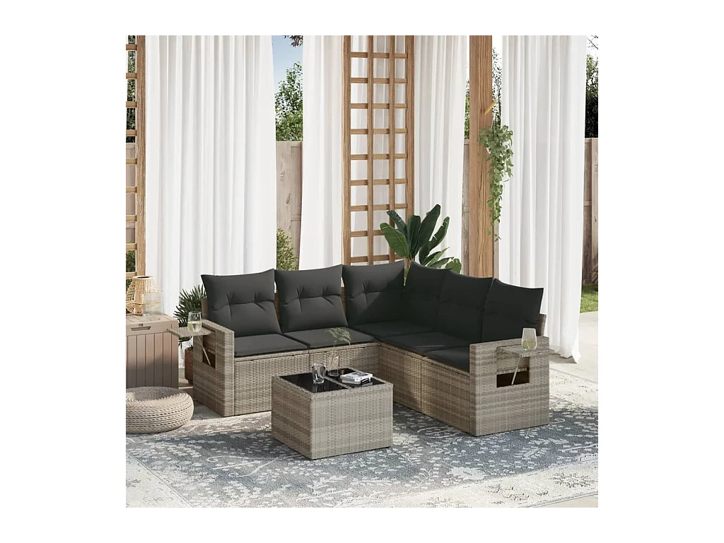 Salon de jardin 6 pcs avec coussins gris clair résine tressée