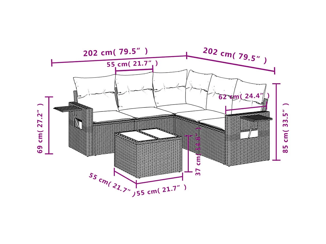Salon de jardin 6 pcs avec coussins gris clair résine tressée