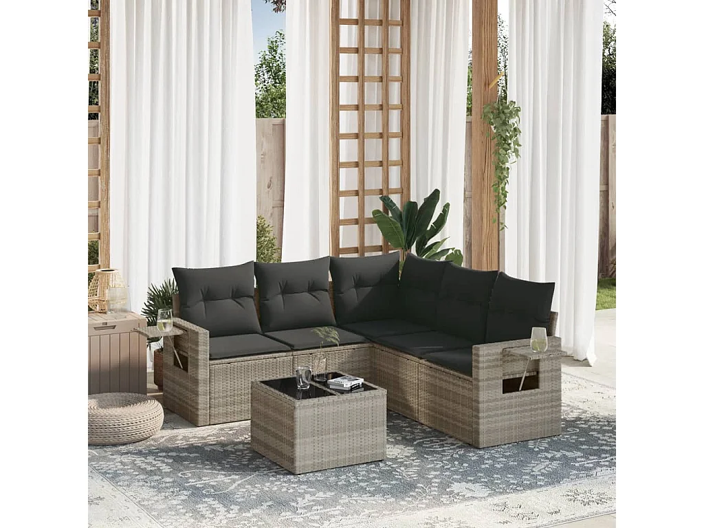 Salon de jardin 6 pcs avec coussins gris clair résine tressée