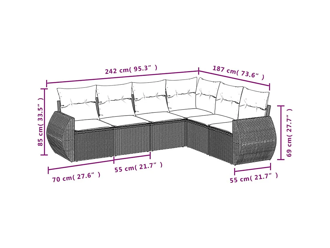 Salon de jardin 6 pcs avec coussins gris clair résine tressée