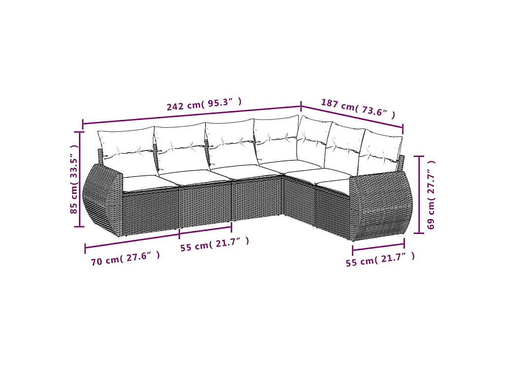 6-delige Loungeset met kussens poly rattan lichtgrijs