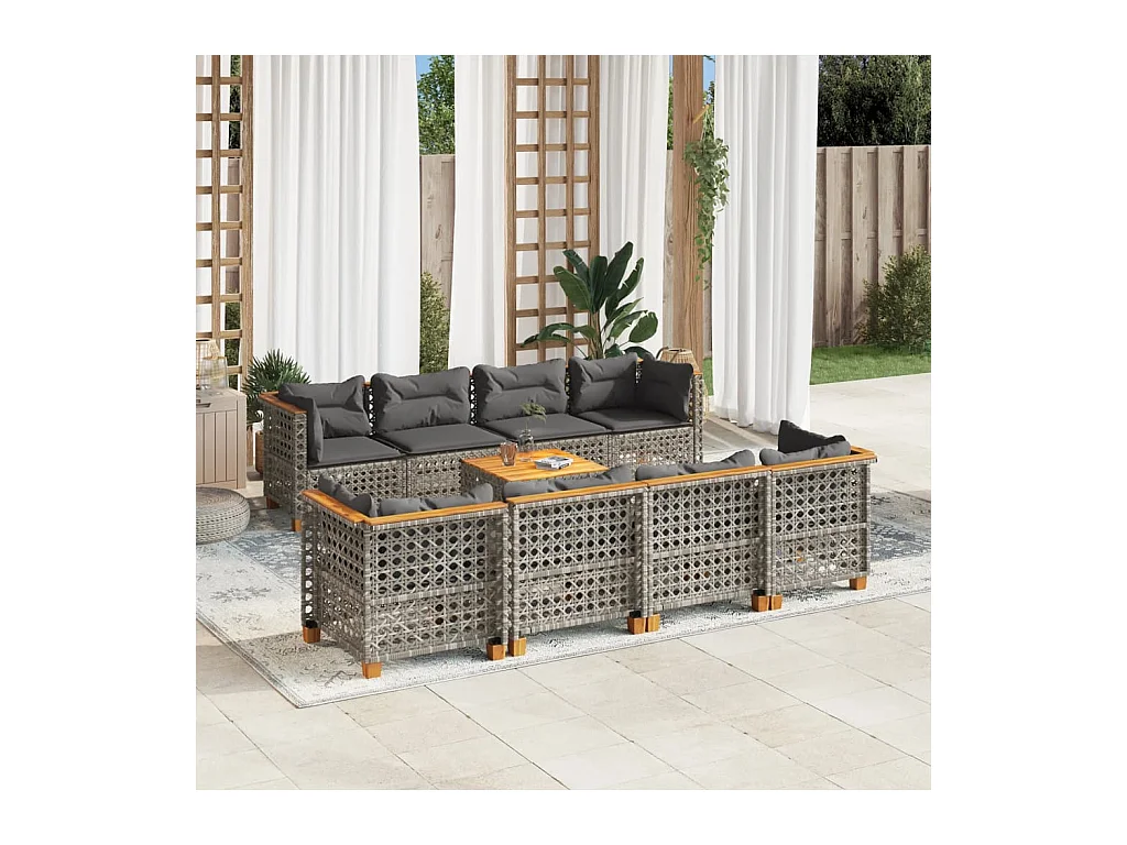 Salon de jardin 9 pcs avec coussins gris résine tressée