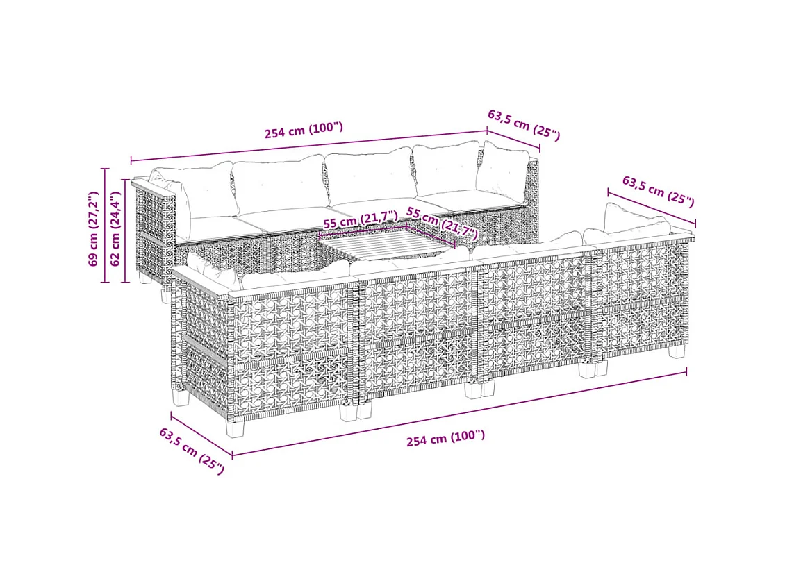 Salon de jardin 9 pcs avec coussins gris résine tressée