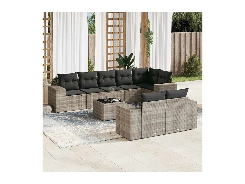 9-tlg. Garten-Sofagarnitur mit Kissen Hellgrau Poly Rattan