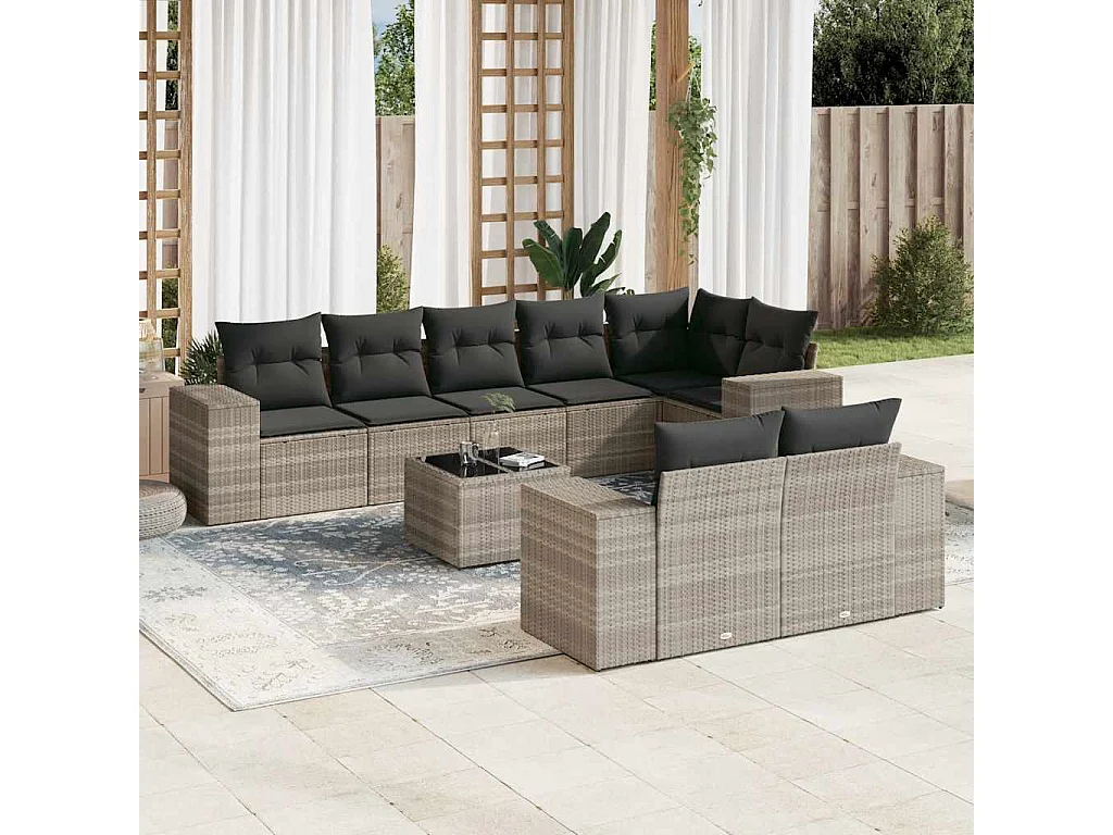 Salon de jardin 9 pcs avec coussins gris clair résine tressée