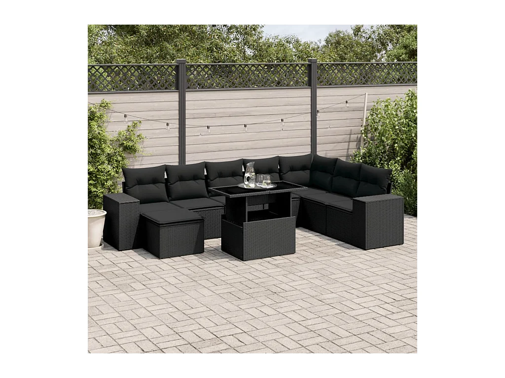 9-tlg. Garten-Sofagarnitur mit Kissen Schwarz Poly Rattan