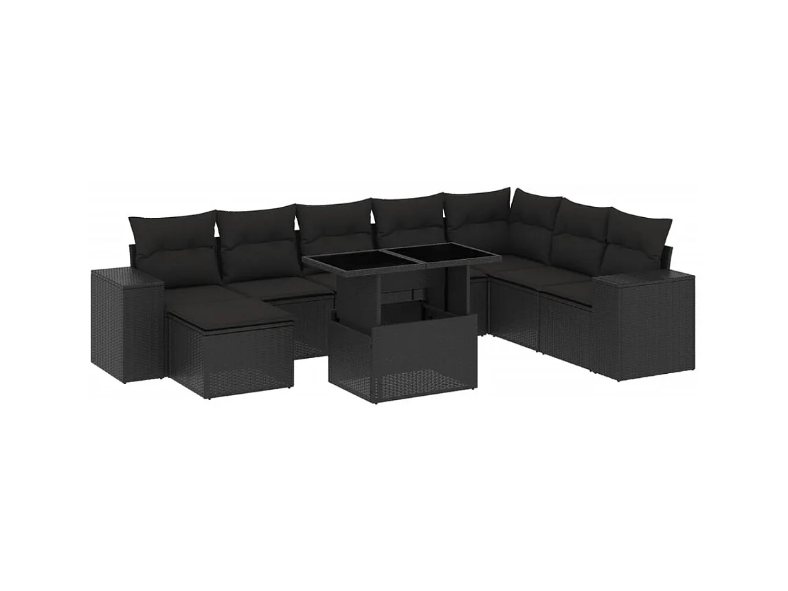9-tlg. Garten-Sofagarnitur mit Kissen Schwarz Poly Rattan