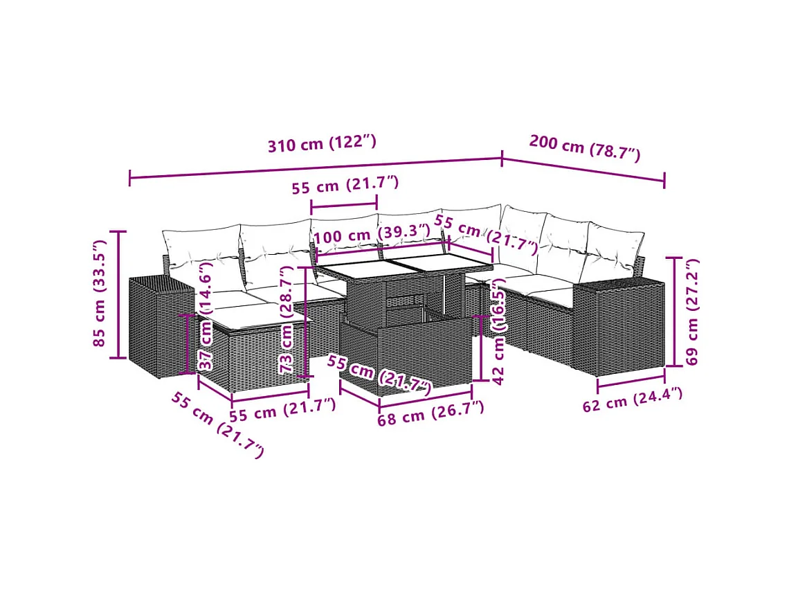 9-tlg. Garten-Sofagarnitur mit Kissen Schwarz Poly Rattan