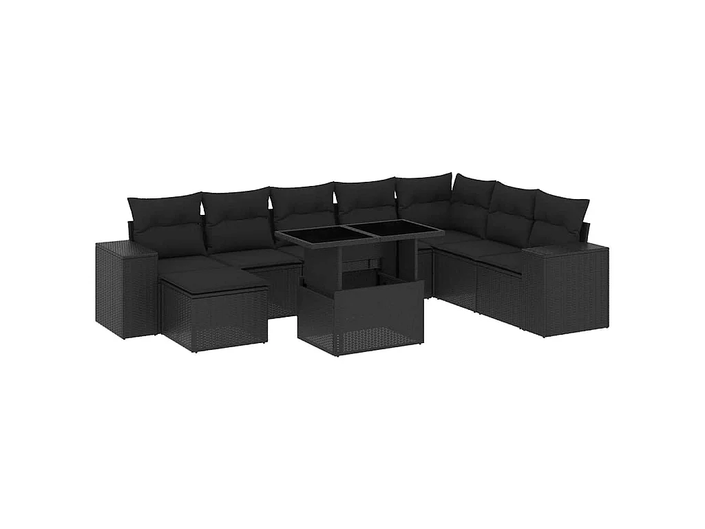 Set Divani da Giardino 9 pz con Cuscini Nero in Polyrattan