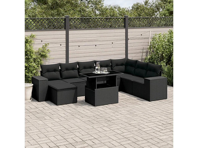 Salon de jardin 9 pcs avec coussins noir résine tressée