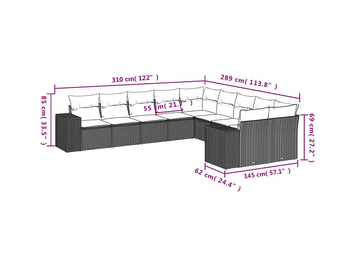 Set Divano Giardino 10 pz con Cuscini Grigio Chiaro Polyrattan