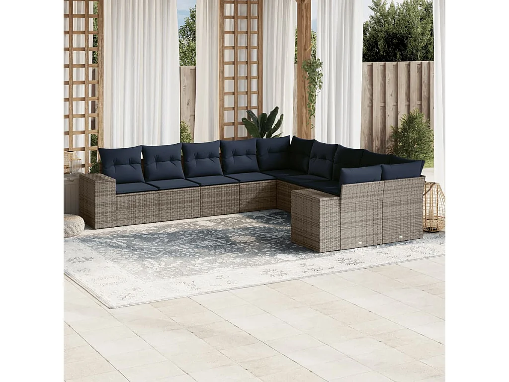Salon de jardin avec coussins 10 pcs gris clair résine tressée