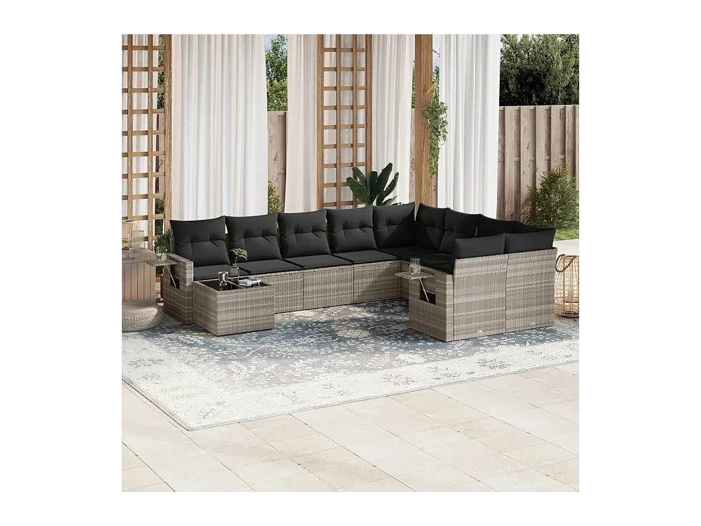 10-delige Loungeset met kussens poly rattan lichtgrijs