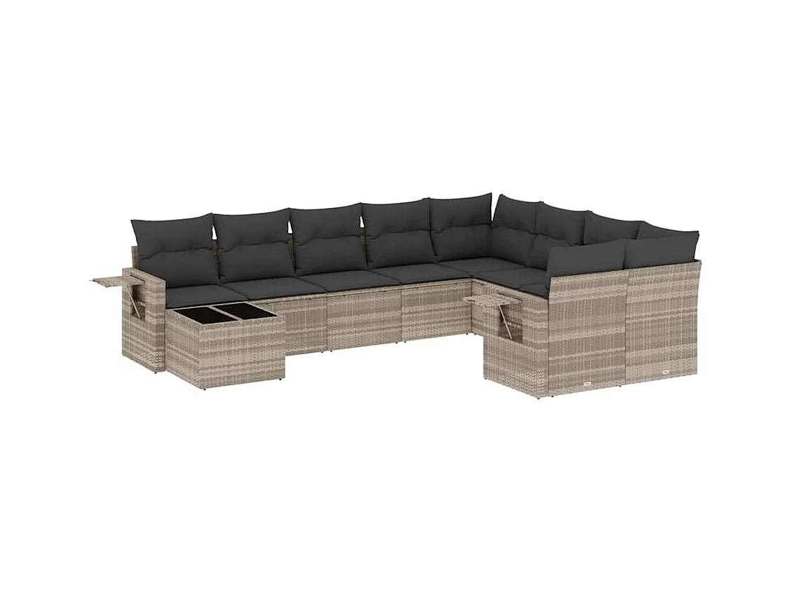 10-delige Loungeset met kussens poly rattan lichtgrijs